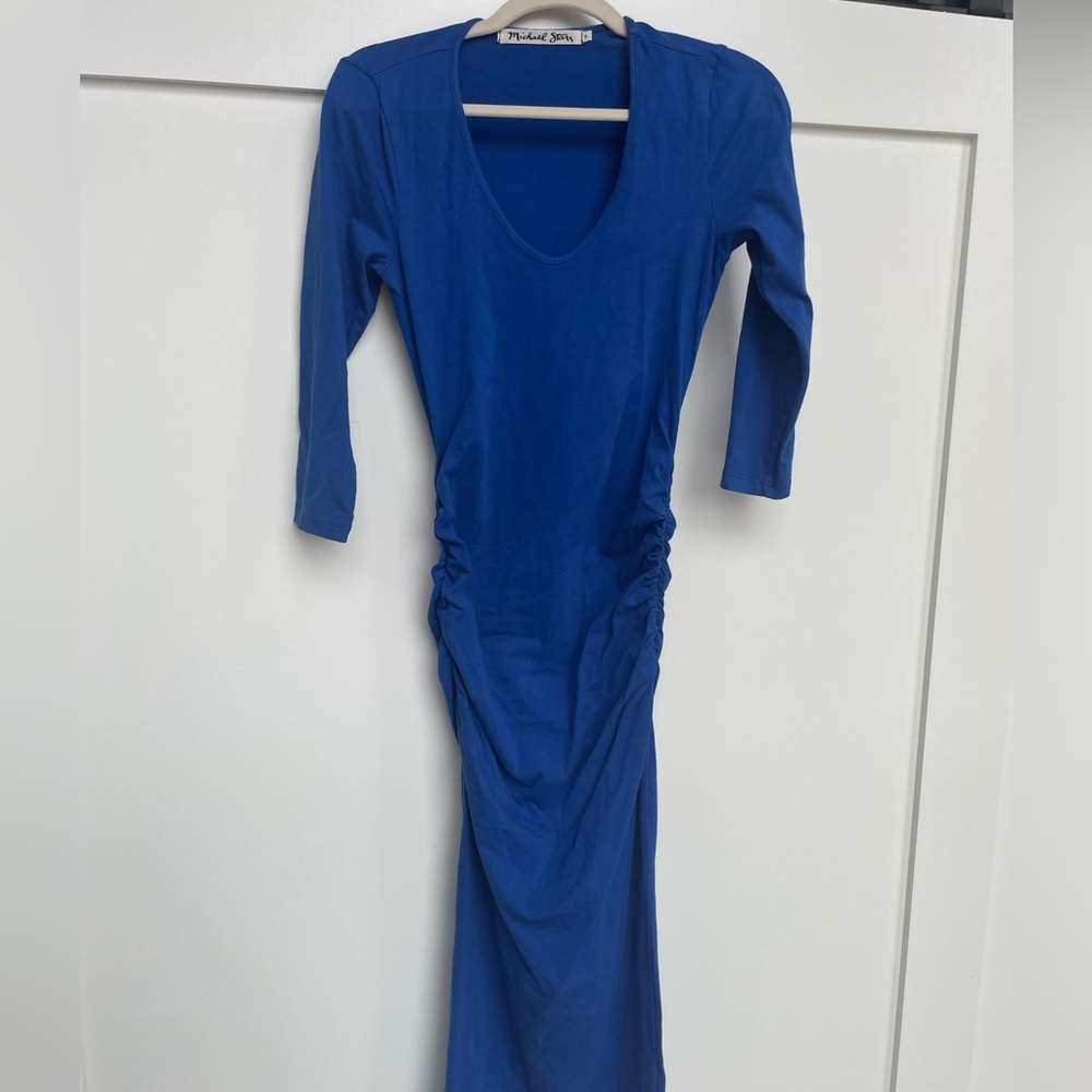 Michael Stars Ruched Midi 3/4 Sleeve Dress Royal Blue